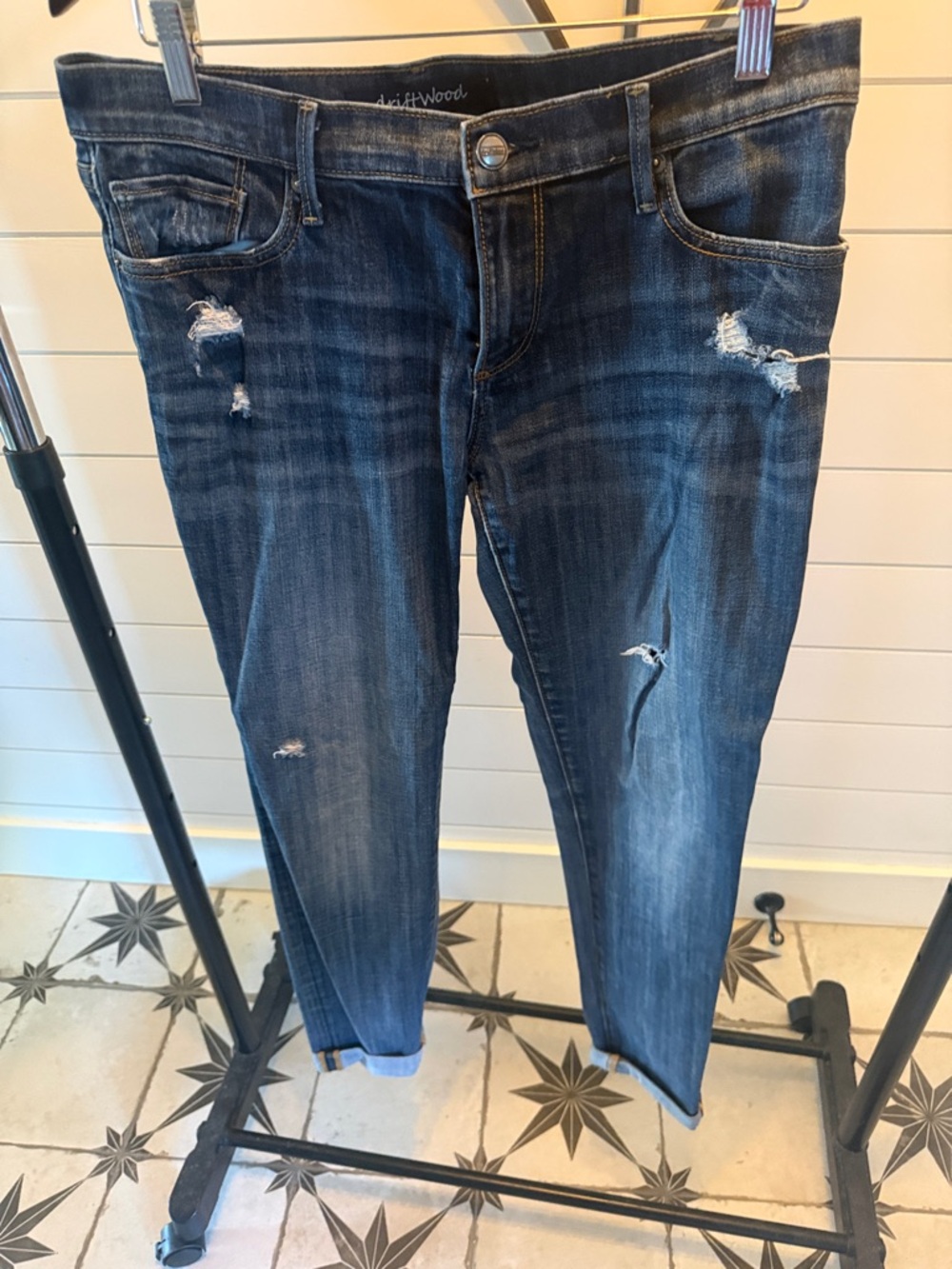 DRIFTWOOD Women's Dark Blue Distressed Boyfriend Jeans